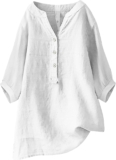 Linen Shirts for Girls Summer time Seashore 3/4 Size Sleeve V Neck Button Tops Dressy Informal Tunic Free Shirt 2025