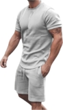 Mens 2 Piece Outfits Summer season Athletic Informal Brief Sleeve Crewneck Shirts and Drawstring Tracksuit Shorts Seashore Outfit
