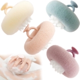 4Pcs Physique Scrubber Exfoliator Sunflower Tub Ball, Extremely Gentle Sponge Cleansing Brush for Males and Ladies, Tub Sponge with Handheld Ring (Purple+Inexperienced+Pink+Apricot)