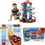 Bundle of Sizzling Wheels Final Storage Transferring Dinosaur, 100+ 1:64 Scale Car Storage (Amazon Unique) + Mega Monitor Pack, 40-ft of Monitor (Amazon Unique) + Set of 10 Toy Automobiles (Types Might Fluctuate)