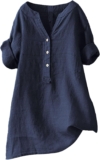 Linen Shirts for Ladies Brief Sleeve V Neck Summer time Seaside Tops Informal Unfastened Match Boho Tshirts with Buttons & Pockets