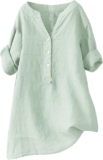 Womens Cotton Linen Shirts 2025 Gauze Brief Sleeve V Neck Button Down Tops Trip Journey Summer time Seashore Shirt Tunic