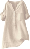 Linen Shirts for Ladies Quick Sleeve V Neck Summer season Seashore Tops Informal Unfastened Match Boho Tshirts with Buttons & Pockets