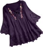 Ladies Cotton Linen Embroidered Tops Unfastened Match Tunic 3/4 Sleeve Summer time Shirt Shirts Boho Peasant Stylish Garments 2024