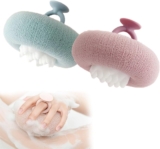 2Pcs Physique Scrubber Exfoliator Sunflower Bathtub Ball, Extremely Comfortable Sponge Cleansing Brush for Males and Ladies, Bathtub Sponge with Handheld Ring (Inexperienced+Purple)