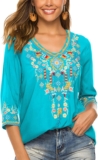 LauraKlein Girls’s Boho Embroidered Peasant Tops 3/4 Sleeve V Neck Mexican Bohemian Shirts Tunics Blouses