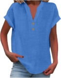 HUCHPI Linen Shirts for Ladies Informal V Neck Button Down Quick Sleeve High Plus Dimension Dressy Blouses Summer time Free High