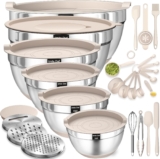 Mixing Bowls with Hermetic Lids Set, 26PCS Stainless Metal Khaki Bowls with Grater Attachments, Non-Slip Bottoms & Kitchen Devices Set, Dimension 7, 4, 2.5, 2.0,1.5, 1QT, Nice for Mixing & Serving