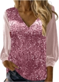 Womens Sequin Tops V Neck Glitter Sparkly New Yr Eve Live performance Social gathering Lengthy Sleeve Shirts Fashionable Dressy Informal Blouses