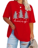 Plus-Measurement Christmas Shirts Ladies Merry Christmas Leopard Plaid Tree Print Shirt Vacation Tops Xmas Tee