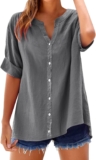 Womens Linen Button Down Shirts Gauze Cotton Shirt Brief Sleeve Outsized Boyfriend Stable Tunic Tops Informal Dressy
