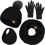 Winter Hat Scarf Gloves and Ear Hotter, Heat Knit Beanie Hat Contact Display Gloves Set Winter Items Neck Scarves for Ladies