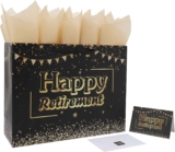 16.5” Additional Massive Black Retirement Present Bag Set with Handles, Greeting Card, Tissue Papers and Stickers for Males Ladies Workplace Coworker, Farewell Going Away Social gathering, Completely satisfied Retirement Design, 1 Pcs
