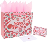 wishinside 13” Massive Strawberry Completely satisfied Birthday Present Bag Set with Handles, Greeting Card, Tissue Papers and Stickers for Women Youngsters Teenagers Girls, Cute Fruit Themed Birthday Design, 1 Pcs