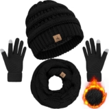 Winter Beanie Hat Scarf Gloves, Heat Fleece Knit Hats Contact Display Gloves Neck Scarf Set Winter Items for Unisex Grownup