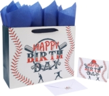 wishinside 13” Giant Baseball Blissful Birthday Reward Bag Set with Handles, Greeting Card, Tissue Papers and Stickers for Boys Children Teenagers, Sport Themed Birthday Design, 1 Pcs